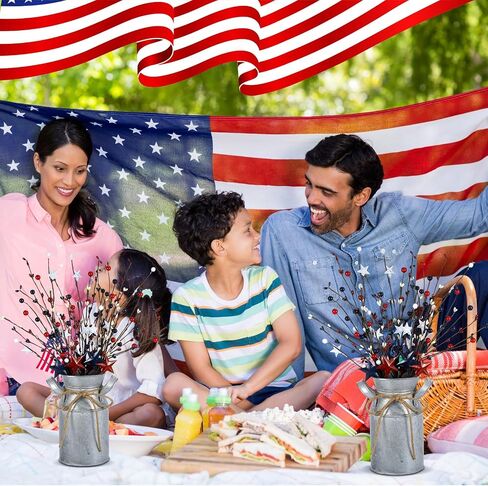 Frienda 4th of July 3 Pcs Patriotic Berry Table Artificial Tree with 1 Pcs Base Independence Day Berry and Star Table Tree Red White Blue Berry Branches for Centerpiece Decoration Farmhouse in Saudi Arabia