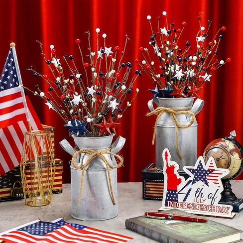 Frienda 4th of July 3 Pcs Patriotic Berry Table Artificial Tree with 1 Pcs Base Independence Day Berry and Star Table Tree Red White Blue Berry Branches for Centerpiece Decoration Farmhouse in Saudi Arabia