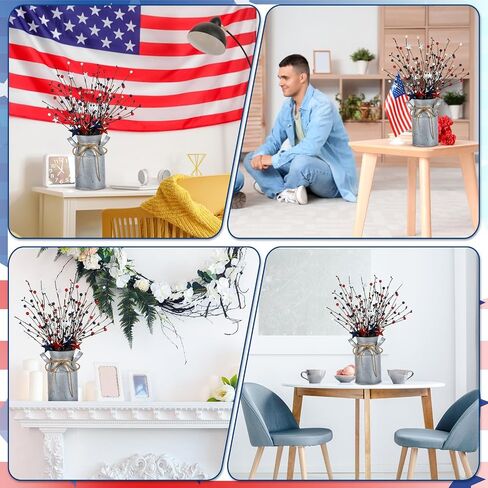 Frienda 4th of July 3 Pcs Patriotic Berry Table Artificial Tree with 1 Pcs Base Independence Day Berry and Star Table Tree Red White Blue Berry Branches for Centerpiece Decoration Farmhouse in Saudi Arabia