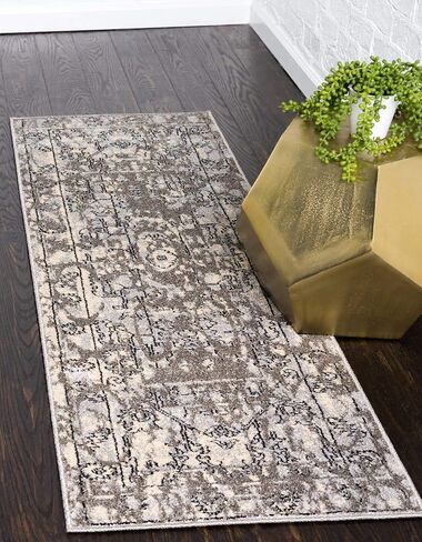 Unique Loom La Jolla Collection Contemporary, Abstract, Vintage, Border Area Rug, 2 ft x 6 ft, Gray/Silver in Saudi Arabia