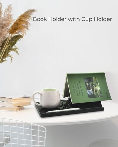 Triangle Book Holder Stand with Cup Holder, Wooden Book Nook Reading Valet with Book Rest, Gifts for Book and Coffee Lovers, Small Bookshelf Case for Bedroom Nightstand Office Desk Library Decor-Black in Saudi Arabia