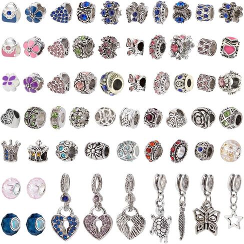 PH PandaHall 60 Styles Large Hole European Lampwork Beads Murano Glass Beads Rhinestone Spacers Metal Dangle Pendant Charms for Snake Chain Bracelet Bangle Necklace, 60pcs in Saudi Arabia