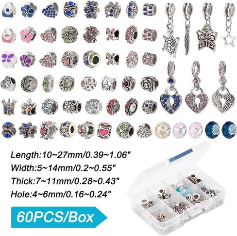 PH PandaHall 60 Styles Large Hole European Lampwork Beads Murano Glass Beads Rhinestone Spacers Metal Dangle Pendant Charms for Snake Chain Bracelet Bangle Necklace, 60pcs in Saudi Arabia