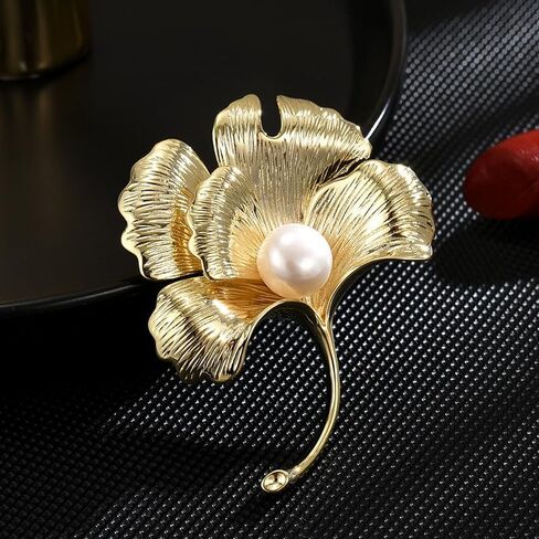 Leaf Brooches Rhinestone Freshwater Pearls Ginkgo Leaves Brooch Pin 18k Gold Plated Leaves Lapel Pins Jewelry Valentine's Day Birthday Gifts for Women Girls in Saudi Arabia