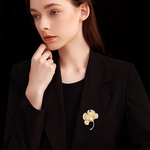 Leaf Brooches Rhinestone Freshwater Pearls Ginkgo Leaves Brooch Pin 18k Gold Plated Leaves Lapel Pins Jewelry Valentine's Day Birthday Gifts for Women Girls in Kuwait