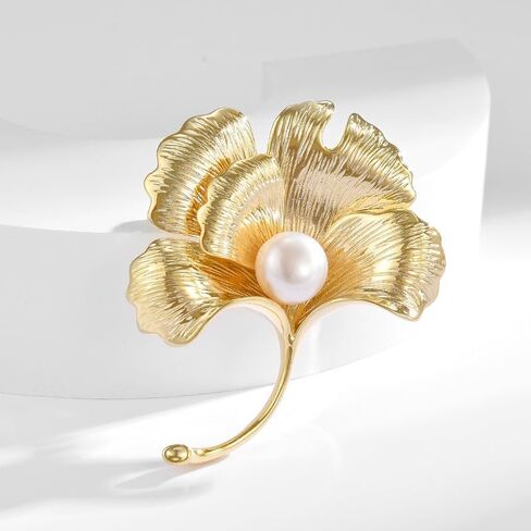 Leaf Brooches Rhinestone Freshwater Pearls Ginkgo Leaves Brooch Pin 18k Gold Plated Leaves Lapel Pins Jewelry Valentine's Day Birthday Gifts for Women Girls in Kuwait