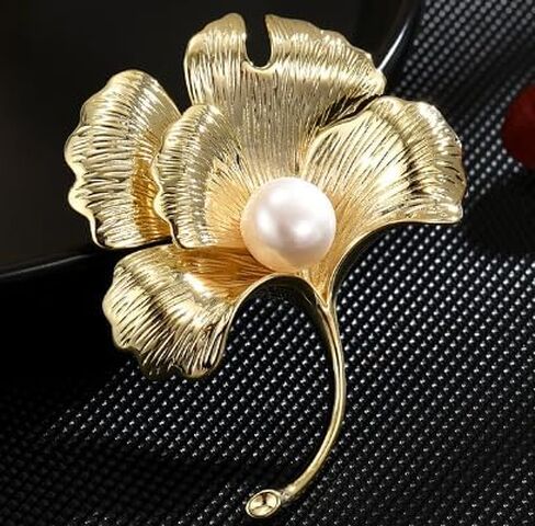 Leaf Brooches Rhinestone Freshwater Pearls Ginkgo Leaves Brooch Pin 18k Gold Plated Leaves Lapel Pins Jewelry Valentine's Day Birthday Gifts for Women Girls in Kuwait