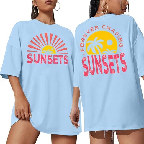 Forever Chasing Sunsets T Shirt Sunset Palm Tree Shirt Summer Beach Vacation Tops Women Oversized Graphic tees in Saudi Arabia