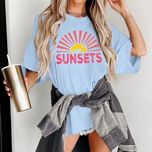 Forever Chasing Sunsets T Shirt Sunset Palm Tree Shirt Summer Beach Vacation Tops Women Oversized Graphic tees in Saudi Arabia