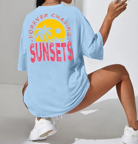 Forever Chasing Sunsets T Shirt Sunset Palm Tree Shirt Summer Beach Vacation Tops Women Oversized Graphic tees in Saudi Arabia