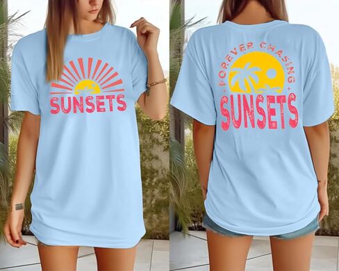 Forever Chasing Sunsets T Shirt Sunset Palm Tree Shirt Summer Beach Vacation Tops Women Oversized Graphic tees in Saudi Arabia
