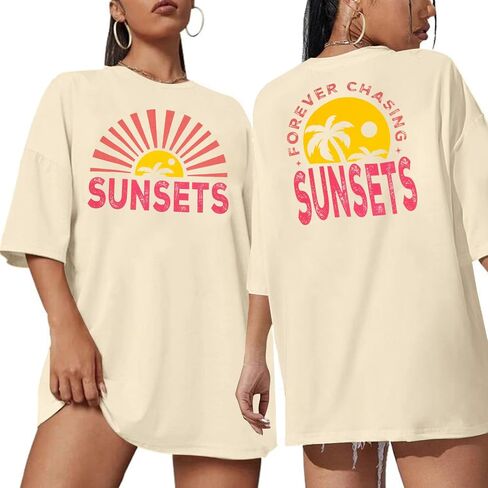 Forever Chasing Sunsets T Shirt Sunset Palm Tree Shirt Summer Beach Vacation Tops Women Oversized Graphic tees in Saudi Arabia