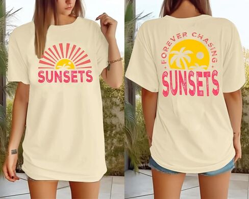 Forever Chasing Sunsets T Shirt Sunset Palm Tree Shirt Summer Beach Vacation Tops Women Oversized Graphic tees in Saudi Arabia