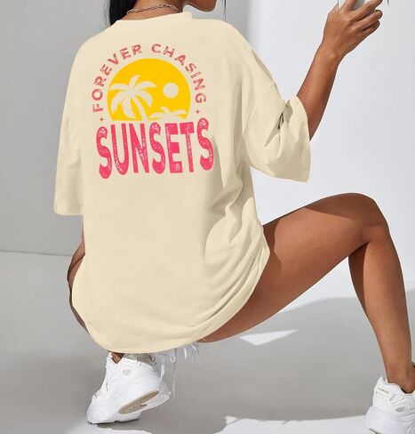 Forever Chasing Sunsets T Shirt Sunset Palm Tree Shirt Summer Beach Vacation Tops Women Oversized Graphic tees in Saudi Arabia