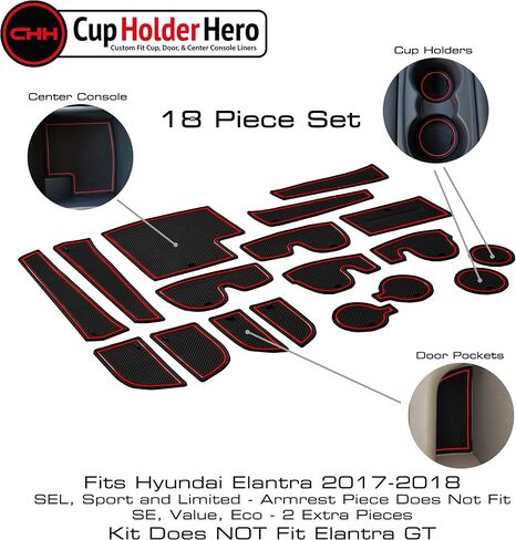 CupHolderHero fits Hyundai Elantra Accessories 2017-2018 Premium Custom Interior Non-Slip Anti Dust Cup Holder Inserts, Center Console Liner Mats, Door Pocket Liners 18pc Set (Red Trim) in Saudi Arabia