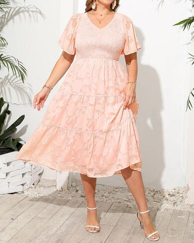 Pinup Fashion Plus Size Summer Casual V Neck Flutter Sleeve Floral Lace Smocked Flowy Tiered Midi Dresses 2024 in Saudi Arabia