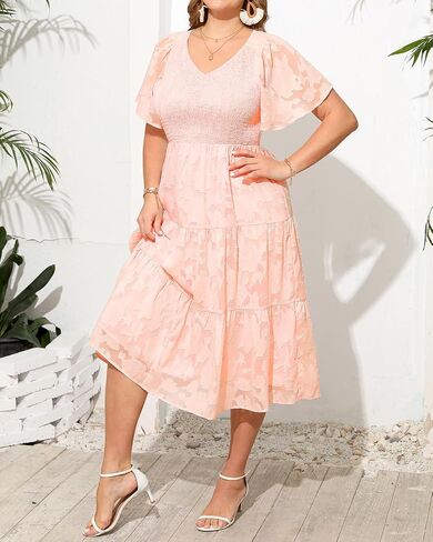Pinup Fashion Plus Size Summer Casual V Neck Flutter Sleeve Floral Lace Smocked Flowy Tiered Midi Dresses 2024 in Saudi Arabia
