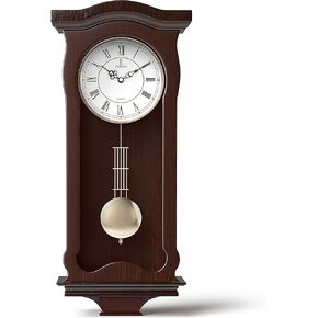 Pendulum Wall Clock Battery Operated - Hanging Grandfather Wall Clock with Pendulum - Quiet Wood Pendulum Clock - Decorative Wooden Wall Clock for Living Room Decor, Office & Home Décor Gift 23.5x9.75