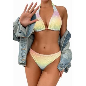 SweatyRocks Women's 2 Piece Swimsuit Set Colorblock Halter Top and High Cut Bottoms Bikini Set Beachwear