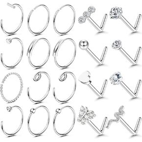 UBGICIG 20 Pcs 20G Nose Rings Hoop and Nose Ring Studs Sets for Women 316L Surgical Stainless Steel Screw Silver Gold Black L Shaped Nose Stud Hypoallergenic Nostril Piercing Jewelry for Women Men