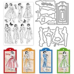 3pcs Vintage Lady Clear Stamps and Dies for Card Making Tag Cutting Dies Butterfly Rubber Stamp Retro Women Transparent Stamps Frame Die Cutters for DIY Scrapbooking Photo Album Decoration