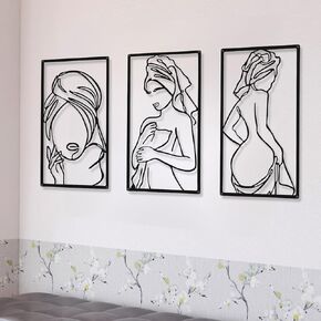 CHENGU 3 Pieces Metal Minimalist Abstract Woman Wall Art Line Drawing Wall Art Decor Single Line Female Home Hanging Wall Art Decor for Kitchen Bathroom Living Room (Black,Retro Style)