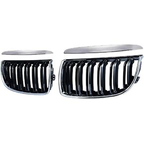 Pair Glossy Black Double Line Kidney Bumper Hood Grill Grilles Chrome Trim Compatible with 2005-2008 BMW E90 E91 323i 325xi 330i 328i 328xi 335i 335xi Pre-LCI