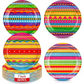 Fiesta Paper Plates, Stripes Fiesta Paper Plates 7 Inch Mexican Dinner Plates Disposable Colorful Floral Party Plates for Cinco De Mayo Dance Pinata Taco Party Supplies(60 Pcs)