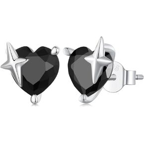 Black Heart Stud Earrings for Women Girls S925 Sterling Silver CZ Diamond Love Heart Star Small Earrings Cartilage Studs Piercing