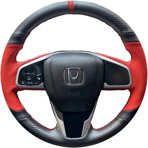Black Matte Carbon Fiber Red Perforated Leather Auto Steering Wheel Cover Hand-Stitch on Protector Wrap for Honda Civic 2016-2021/CR-V 17-21/Clarity 16-18/Breeze 20-21/Crider/Envix 19-20