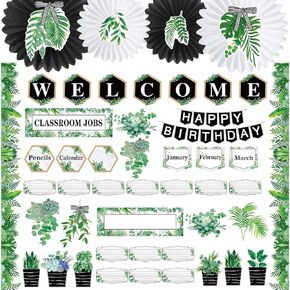 Kosiz 221 Pcs Classroom Decorations Bulletin Board Decor Set Included Classroom Welcome Banner Happy Birthday Chart Classroom Jobs Poster for Elementary Middle School Class Decorations (Boho Plant)