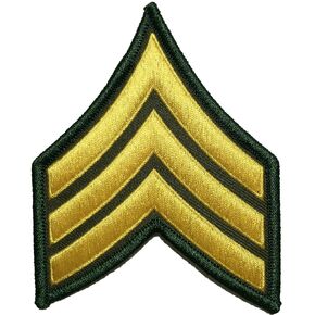 U.S. Army Sergeant E-5 Stripe Army Uniform Chevron Rank Sew on Iron on Arm Shoulder Embroidered Applique Patch - Gold on Green - By Ranger Return (RR-IRON-SERG-E503-GRGL)