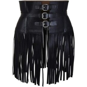 Woman's Genuine Black Leather Fringe Obi Sash Wrap Plus Size Corset Waist Cincher,s Wide Leather Belt