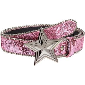 Women Shiny Sequins PU Leather Waist Belt Girls Bling Y2K Star Belts for Jeans Dress