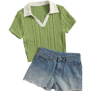 Verdusa Girl's V Neck Collar Short Sleeve Textured Tee Top T Shirt
