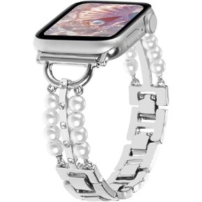 Pearl Beaded Bracelet Compatible with Apple Watch Bands 38mm 40mm 41mm 42mm 44mm 45mm 49mm,Bling Diamond Band Shiny Dressy Metal Strap for iWatch Series 9 8 7 6 5 4 3 2 SE Ultra Women
