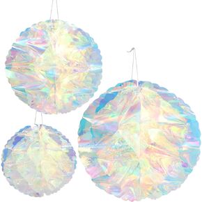 3pcs Holographic Iridescent Hanging Decorations Iridescent Ornaments Honeycomb Ball Party Decoration Rainbow Film Holographic Party Decoration for Birthday Wedding Christmas Frozen Theme Party