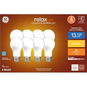 GE Relax 8-Pack 40 W Equivalent Dimmable Warm White A19 LED Light Fixture Light Bulbs 44898