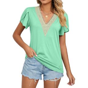 Women Lace V Neck T Shirts Ruffle Short Sleeve Summer Tunic Tops Shirts Blouses S-2XL