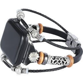 Compatible with Apple Watch Band 45mm 44mm 42mm 41mm 40mm 38mm 49mm, Handmade Leather Bracelets Boho Bead Strap Women Men Thin Slim Wristband Accessories for iwatch Series 9/8/7/SE/6/5/4/3/2/1/Ultra