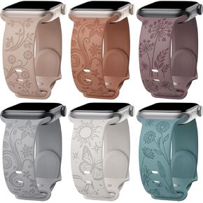 6 عبوات من الأربطة المنقوشة بالزهور متوافقة مع سوار ساعة Apple 40 مم 41 مم 38 مم 42 مم 44 مم 45 مم 49 مم للنساء، حزام رياضي على شكل فراشة عباد الشمس من السيليكون لسلسلة iWatch Band Series Ultra SE 9 8 7 6 5 4 3 2 1 in Kuwait