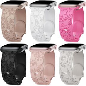 6 Pack Floral Engraved Bands Compatible with Apple Watch Band 40mm 41mm 38mm 42mm 44mm 45mm 49mm Women, Silicone Sunflower Butterfly Sport Strap for iWatch Band Series Ultra SE 9 8 7 6 5 4 3 2 1