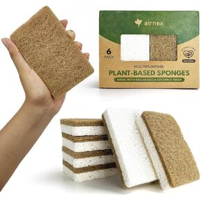 Natural Kitchen Sponges Pack of 6, Cellulose & Coconut Dish Sponge, Walnut Scrubber Sponges, Plate Friendly, No Scratch Eco Dishwashing Sponge for Washing & Cleaning, Quick Drying, Odor Free
