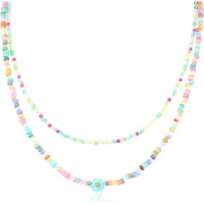 Bohemian Colorful Layered Beaded Necklace for Women Cute Green Daisy Flower Charm Glass Seed Beads Choker Necklace Handmade Adjustable Statement Necklace Boho Summer Beach Jewelry Gift for Teen Girls