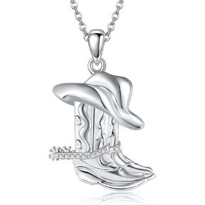 Cowboy Boot Necklace 925 Sterling Silver Western Cowgirl Hat Pendant Necklaces Texas Boot Jewelry Wild West Country Equestrian Gift for Women Girls Cowboys Horse Lover
