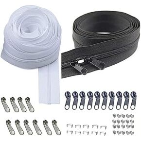 Bulk Zippers 6 Yards #3 Nylon Coil Zippers by The Yard with 20pcs Zipper Sliders and Stops as Gift Zipper Repair Kit for Sewing Tailor Crafts Bages(Black & White)