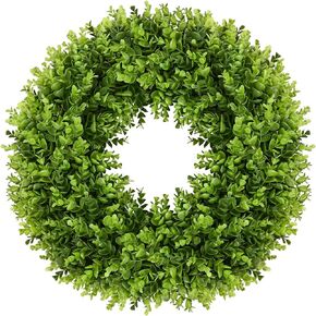 Boxwood Wreath, Vlorart Artificial Boxwood Wreath Front Door Wreaths Artificial Spring Summer Greenery Hanging with A Plaid Bowand Sash for Front Door Wall Hanging