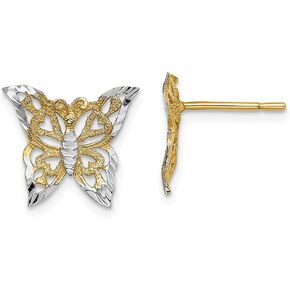 Solid 14k White and Yellow Gold Two Toned Butterfly Post Studs Earrings - 12mm x 30mm