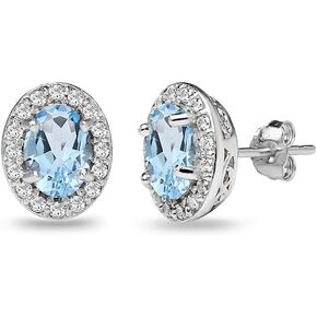 Sterling Silver Genuine, Simulated or Synthetic Gemstone Oval Halo Stud Earrings for Women girls Bridesmades