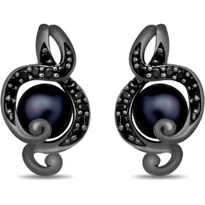 Jewelili Enchanted Disney Fine Jewelry Black Rhodium over Sterling Silver 5.5 MM Black Round Pearl and 1/5 Cttw Treated Black Round Diamond Ursula Earrings